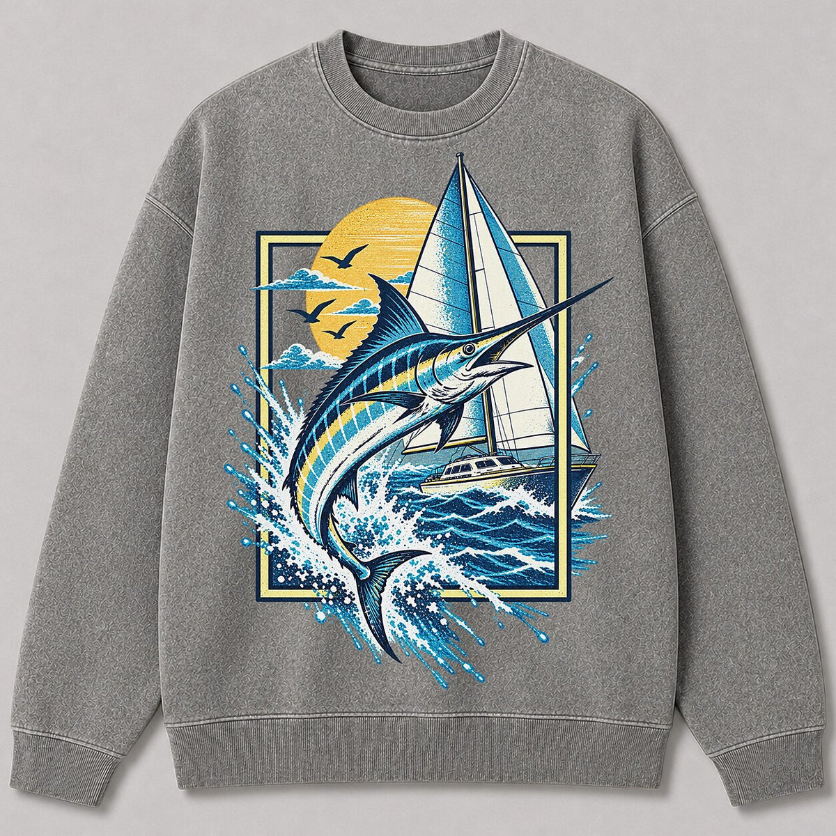 Washed Sailboat Marlin Coastal Fishing Sweatshirt Graphic