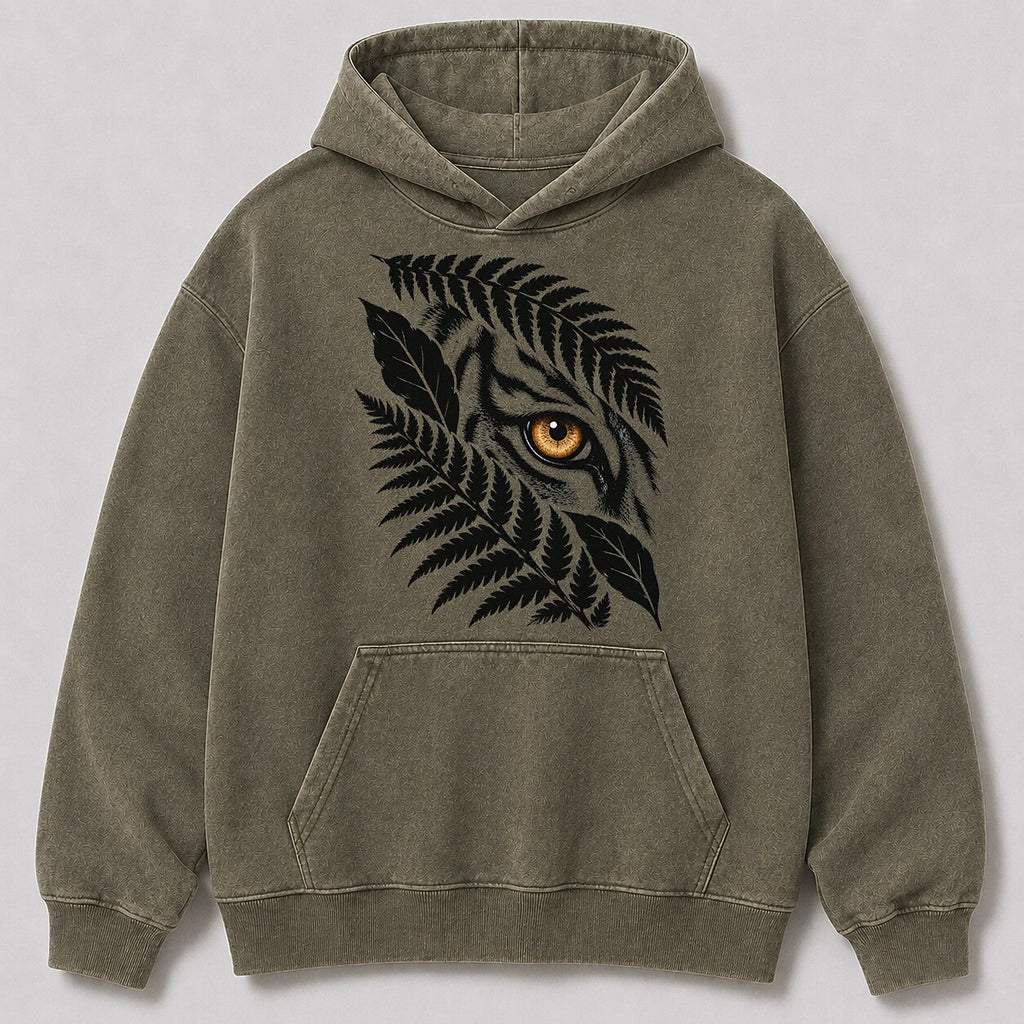 Washed Tiger Fern Jungle Wildlife Graphic Hoodie