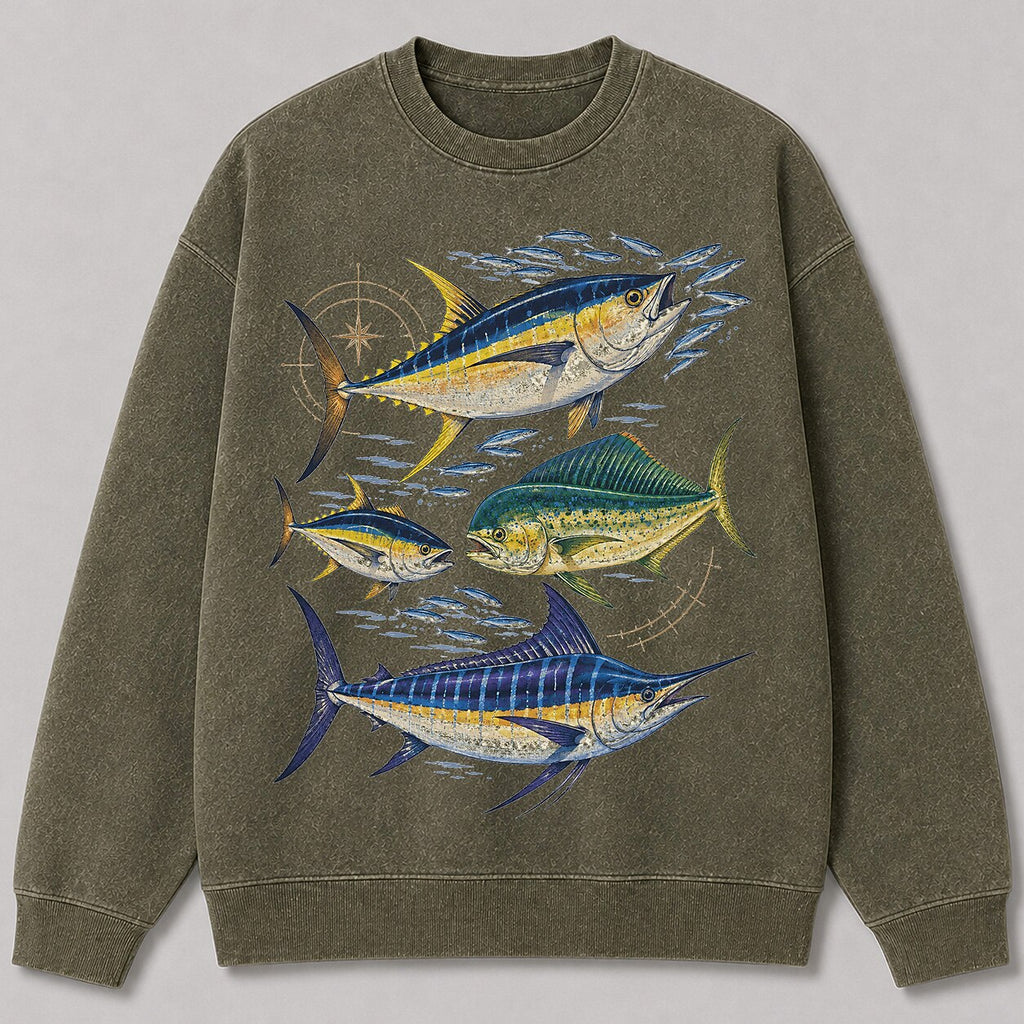 Washed Tuna Mahi Mahi Marlin Fishing Graphic Sweatshirt