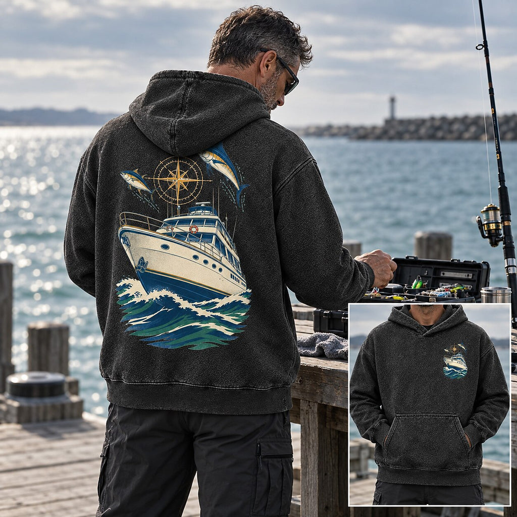 Washed Offshore Fishing Boat Coastal Hoodie Graphic