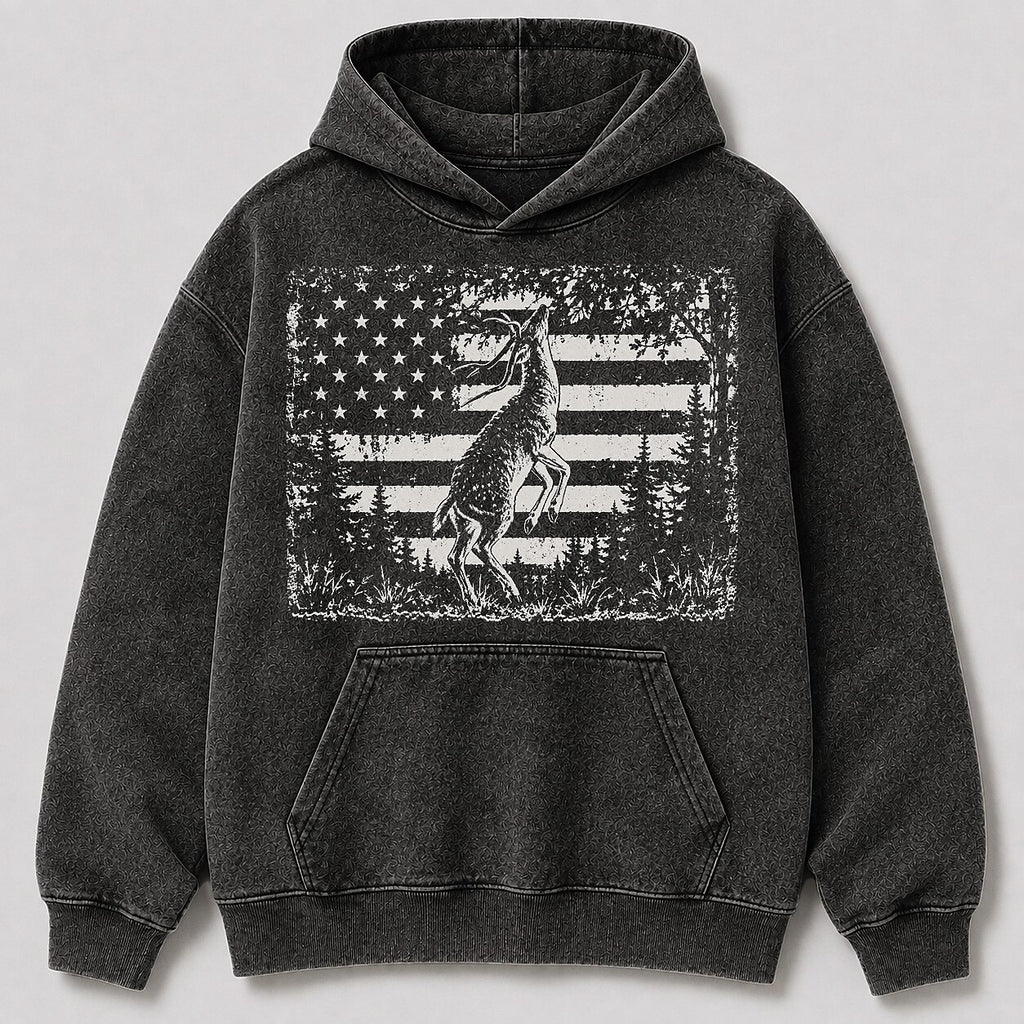 Washed Whitetail Deer American Flag Hunting Hoodie