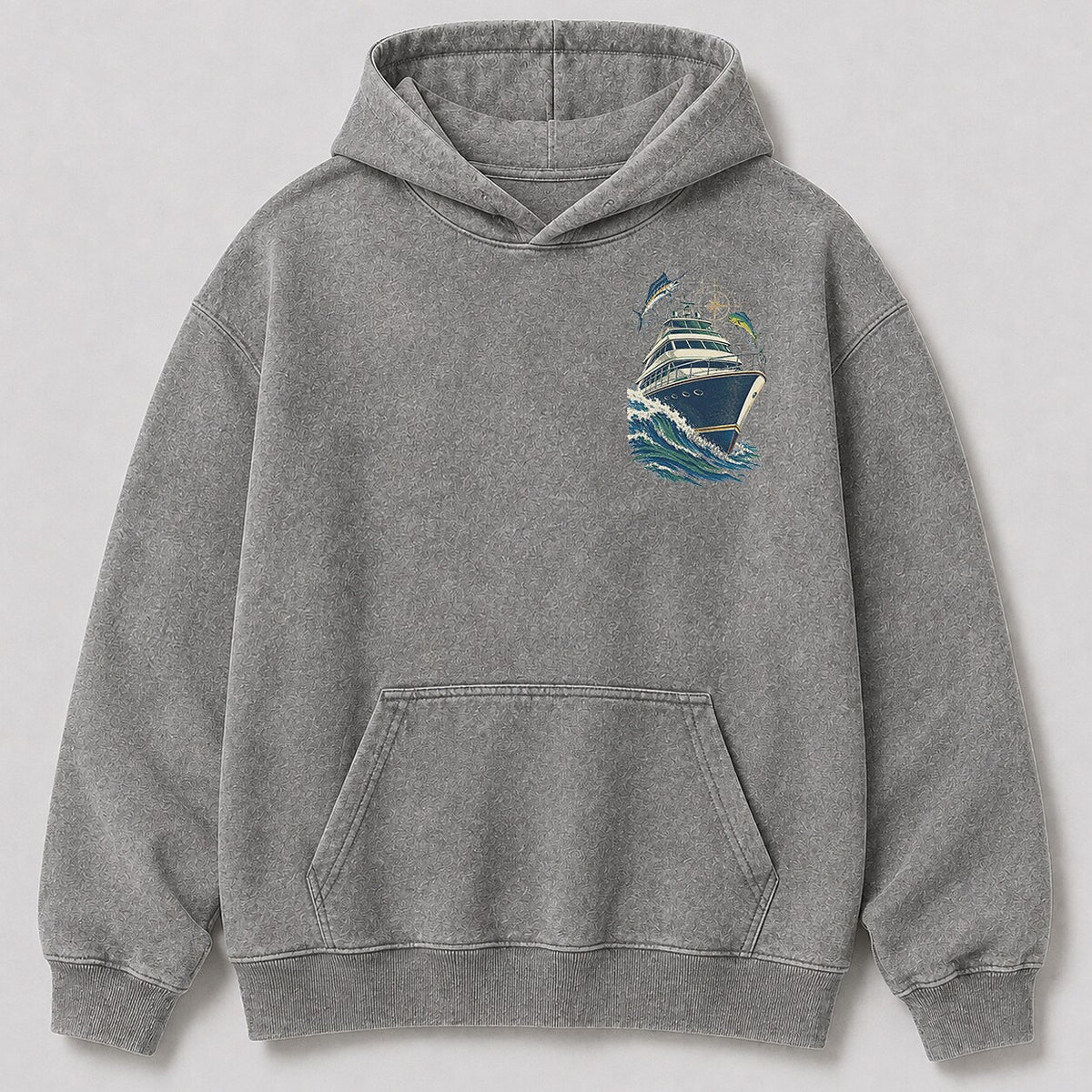 Washed Sportfishing Boat Coastal Fishing Hoodie Graphic