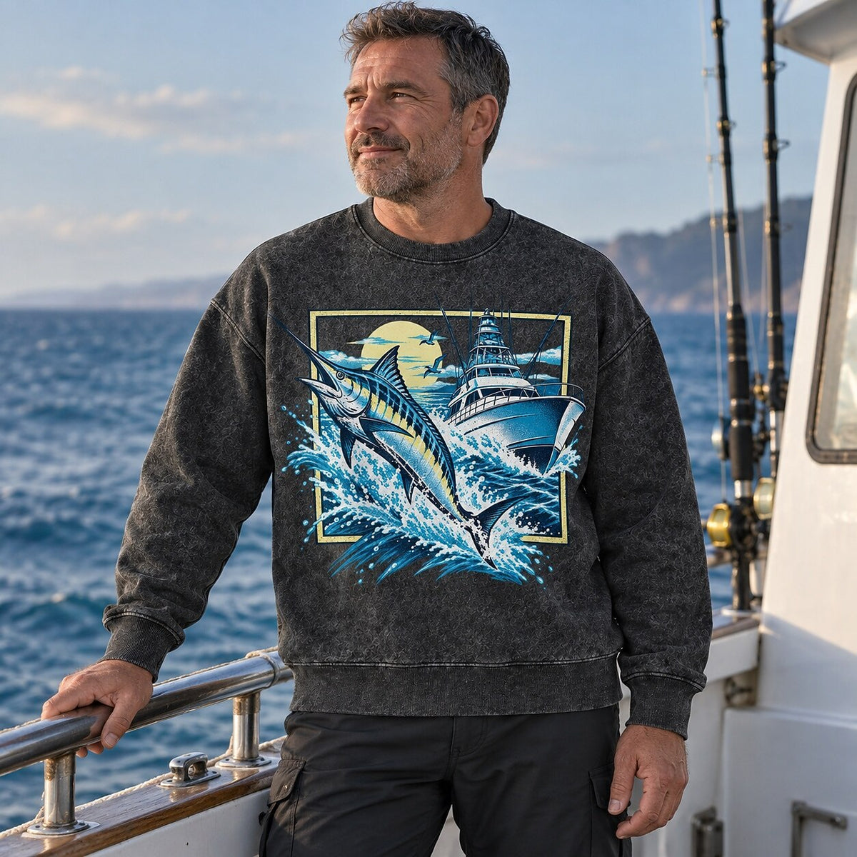 Washed Marlin Sportfishing Boat Sweatshirt Graphic Design