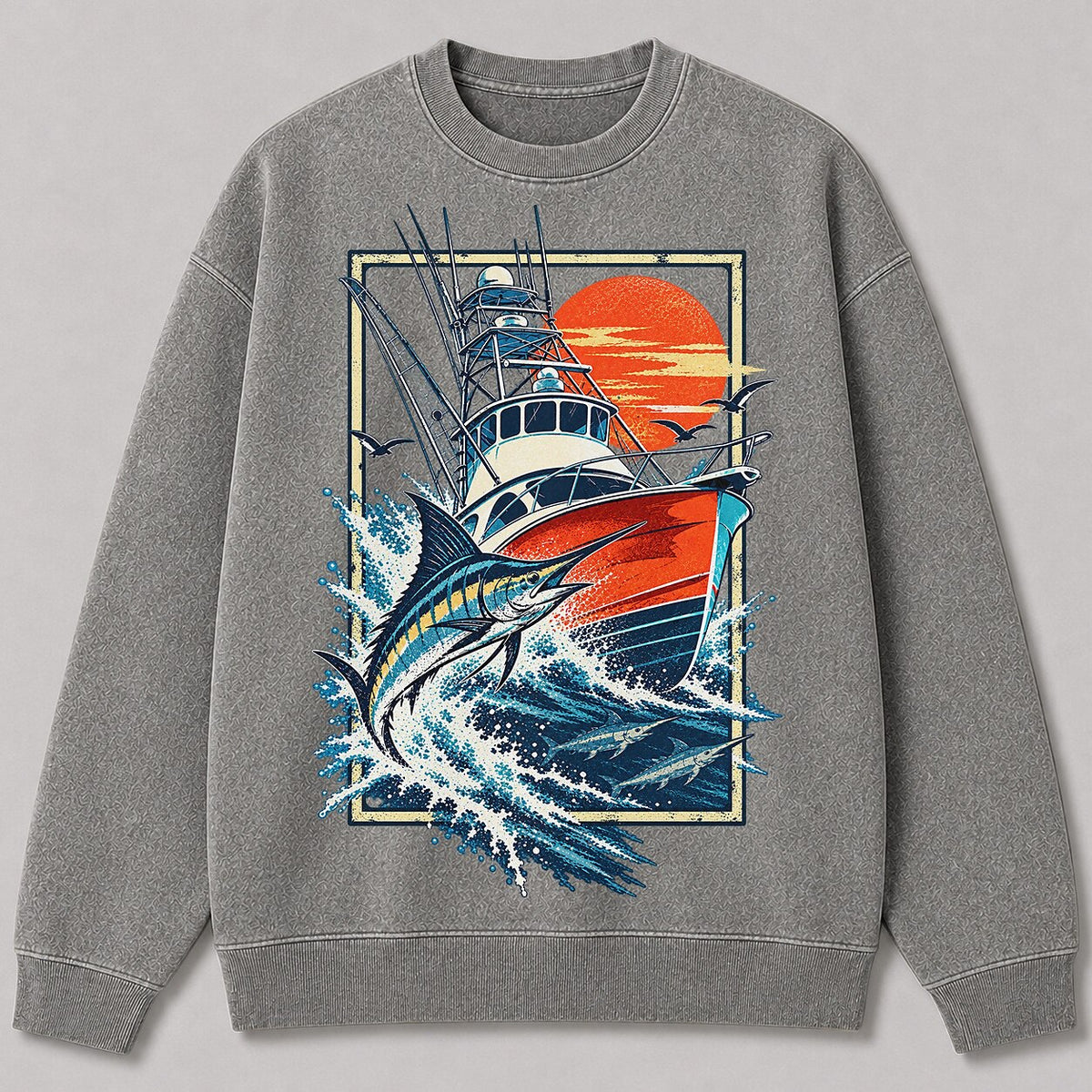 Washed Marlin Fishing Boat Coastal Sweatshirt Graphic