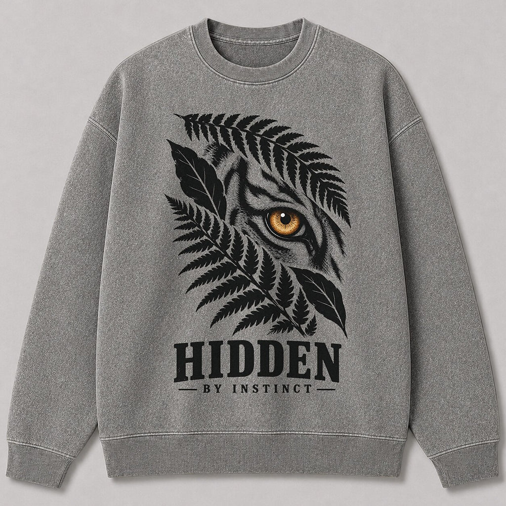 Washed Hidden Tiger Fern Jungle Wildlife Graphic Sweatshirt