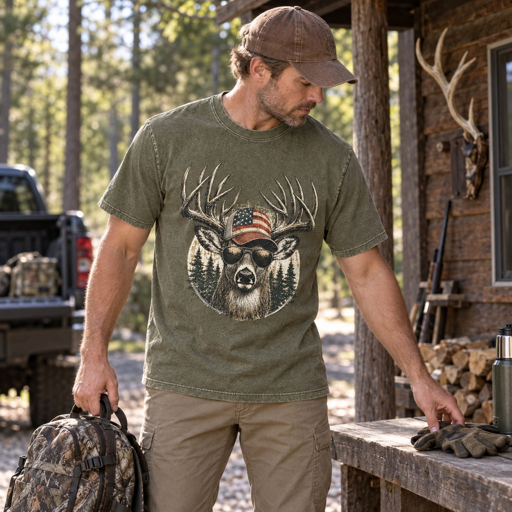100% Cotton Washed T-shirt with Big Buck Deer Hunting Graphic