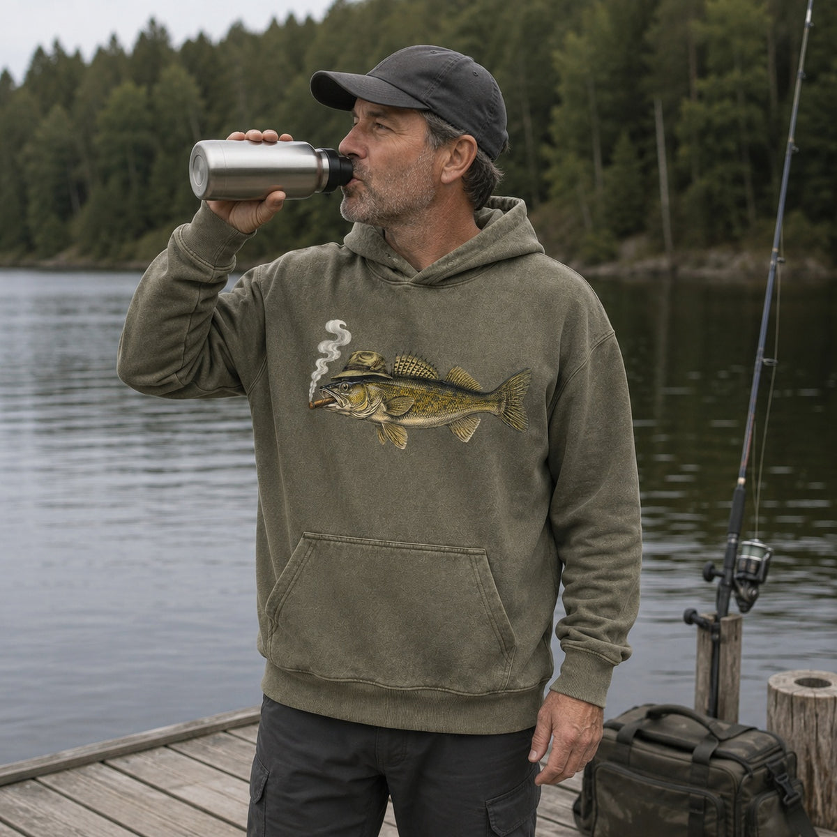 Washed Cigar-Smoking Walleye Lake Fishing Hoodie for Men