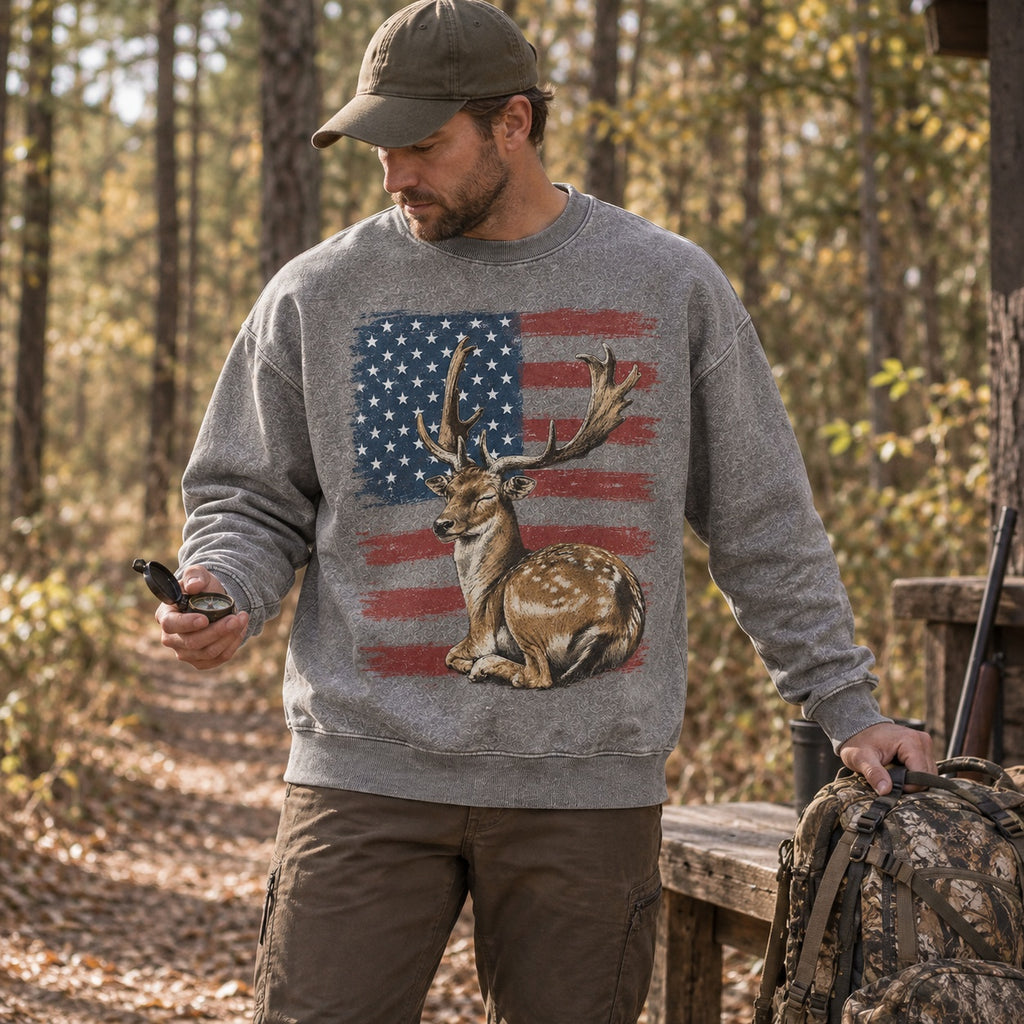 Washed American Flag Fallow Buck Hunting Crewneck Sweatshirt