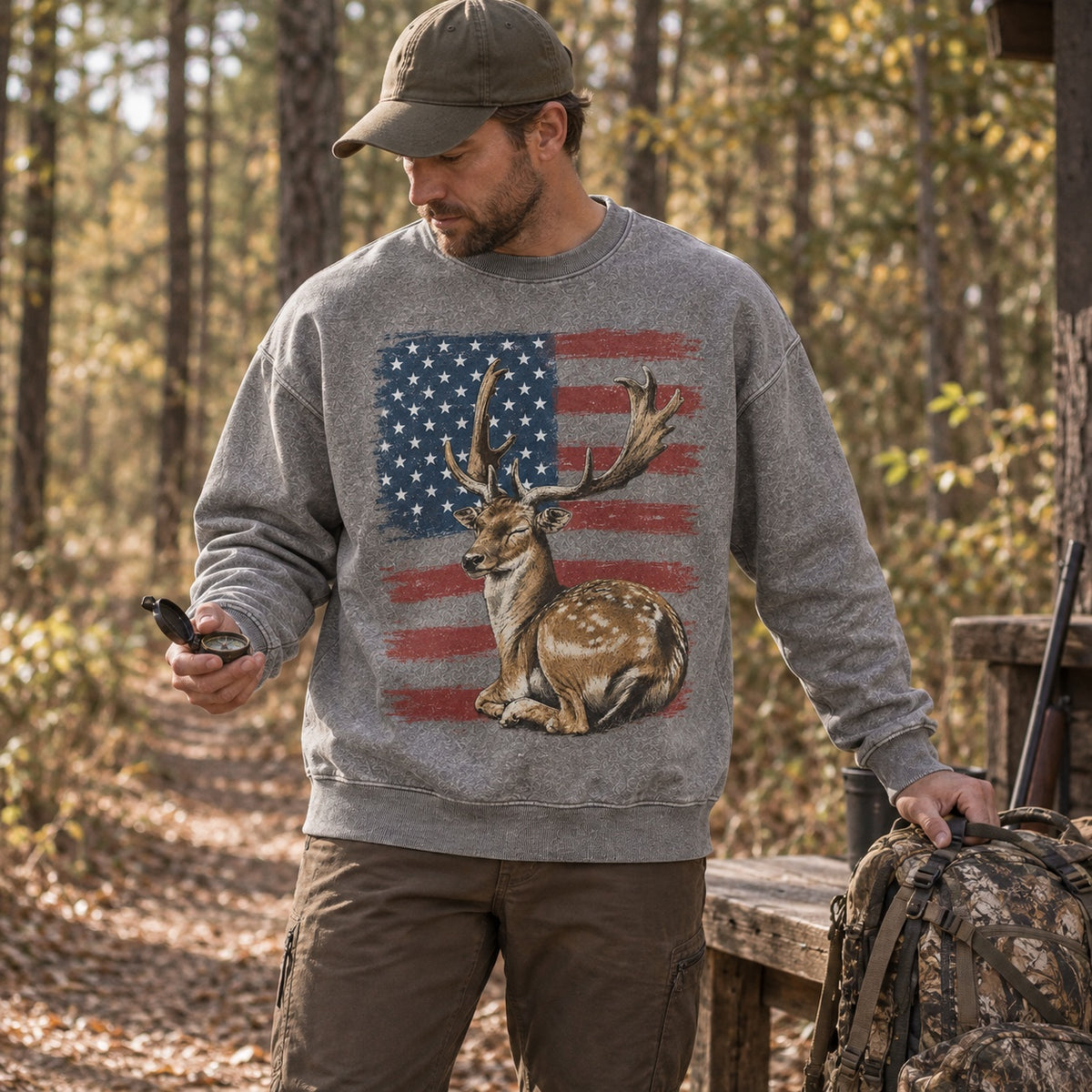 Washed American Flag Fallow Buck Hunting Crewneck Sweatshirt