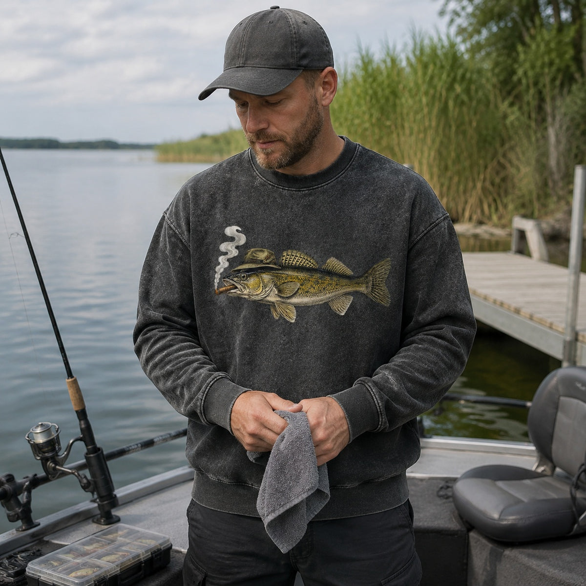 Washed Cigar-Smoking Walleye Fishing Graphic Crewneck Sweatshirt for Men