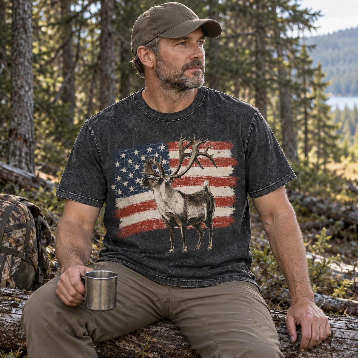100% Cotton Washed T-shirt with Patriotic Whitetail Buck Hunting