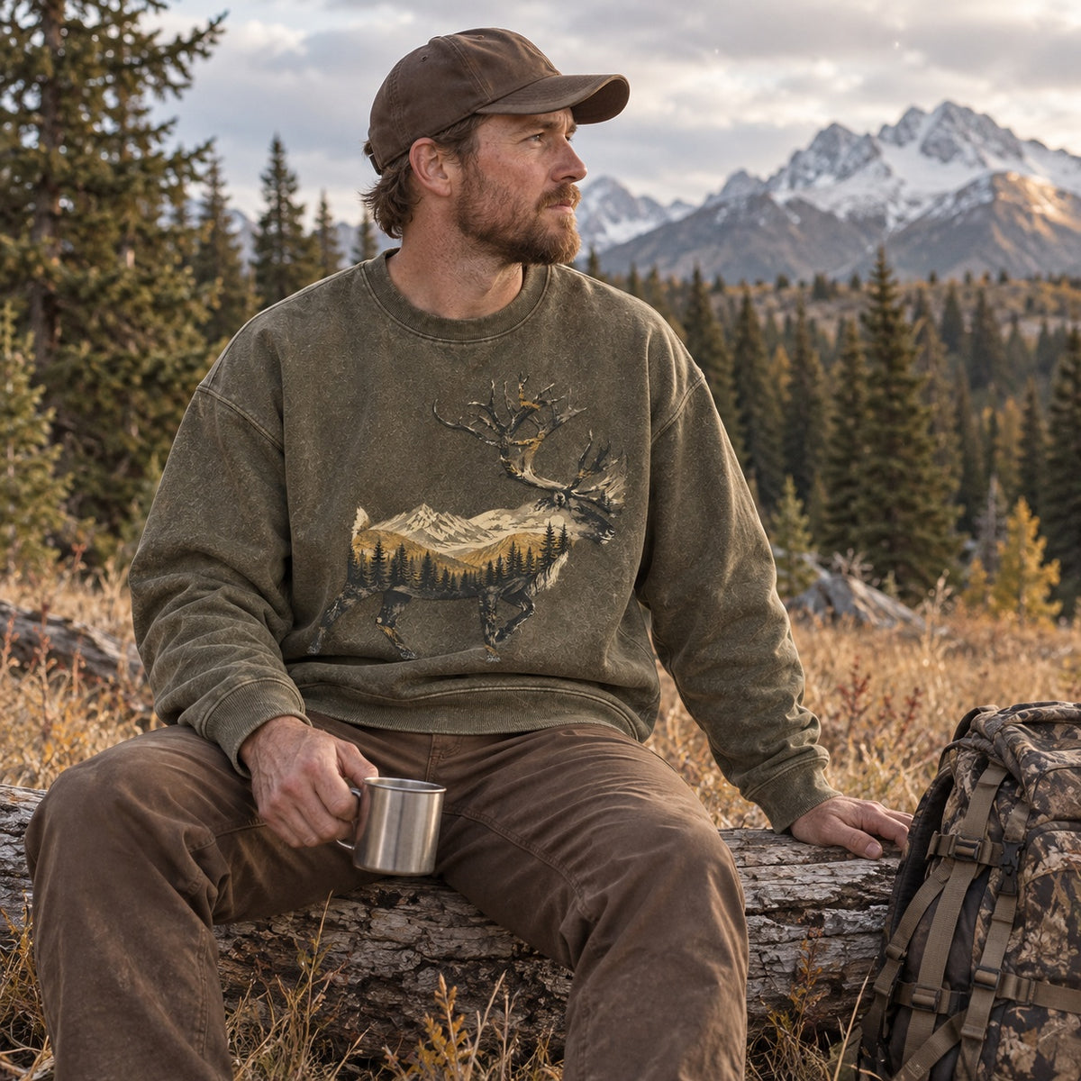 Washed Running Caribou Mountain Hunting Crewneck Sweatshirt for Men