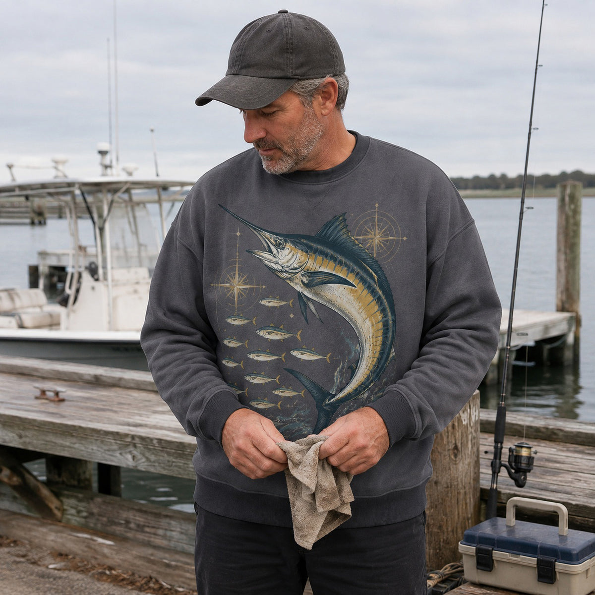 Blue Marlin Ocean Fishing Crewneck Sweatshirt for Men