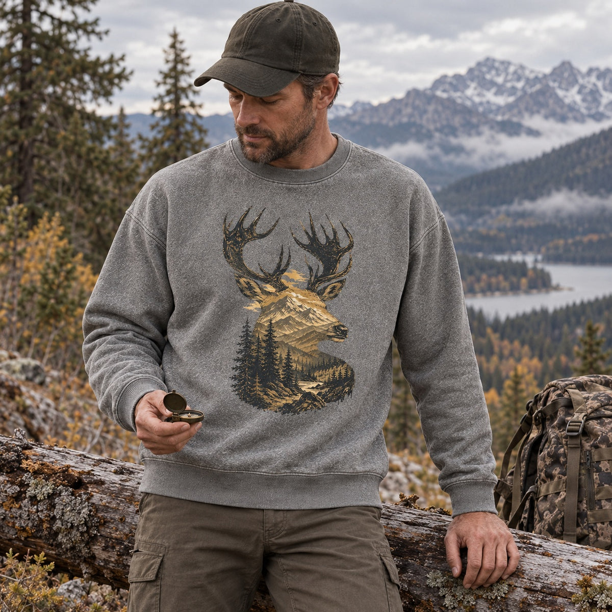 Washed Rocky Mountain Elk Hunting Crewneck Sweatshirt for Men