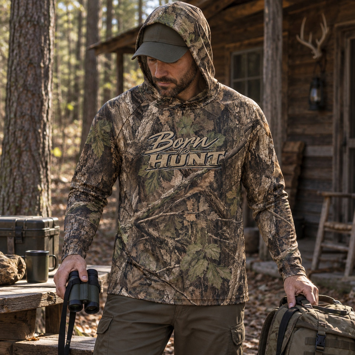 UPF 50+ Woodland Camo Hunting Sun Protection Hoodie for Men