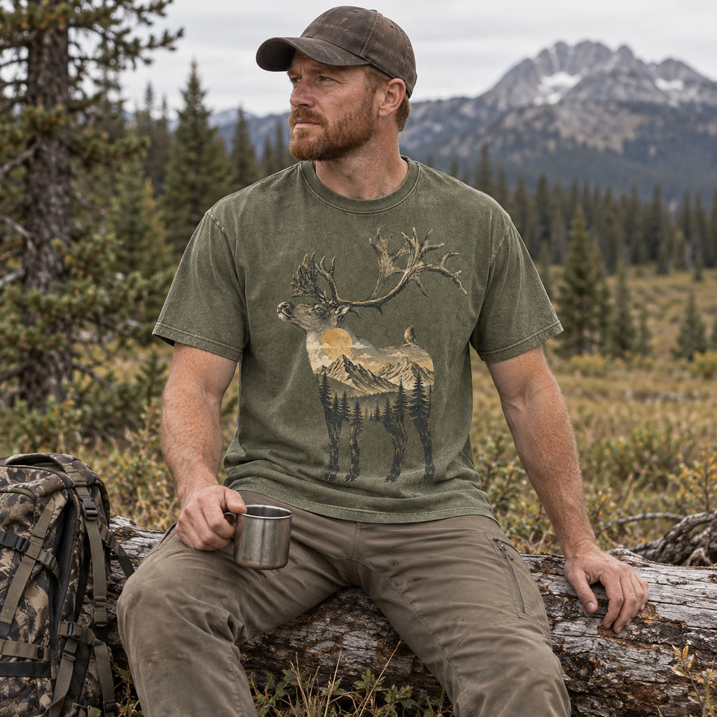 100% Cotton Washed T-shirt with Mountain Elk Wildlife Hunting