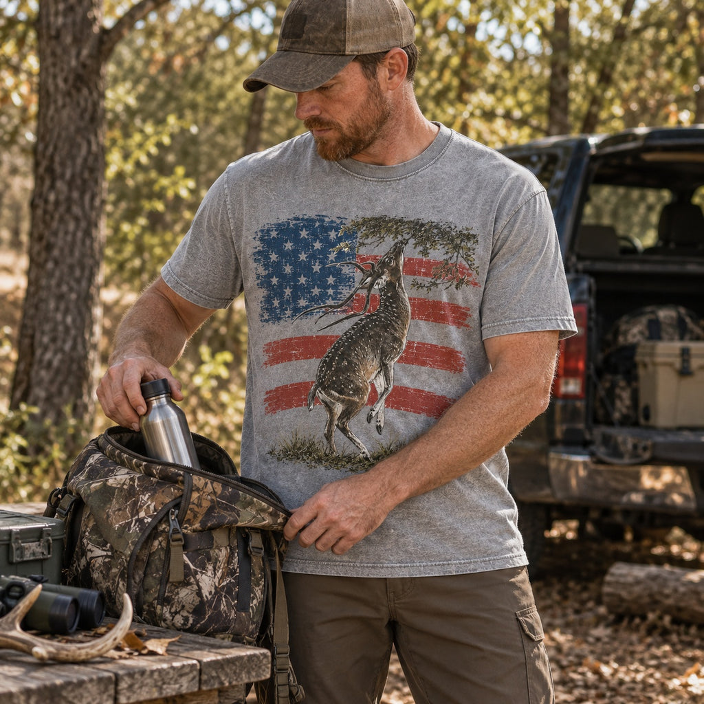 100% Cotton Washed T-shirt with Leaping Whitetail Deer Hunting