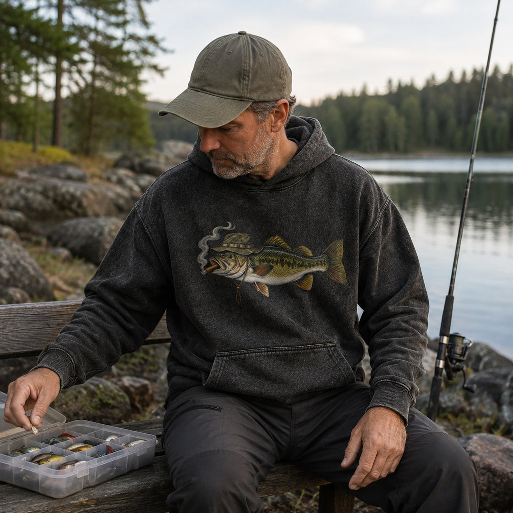 Washed Cigar-Smoking Largemouth Bass Fishing Hoodie for Men