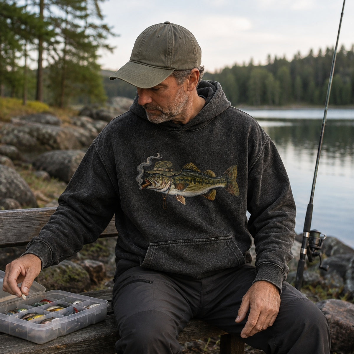 Washed Cigar-Smoking Largemouth Bass Fishing Hoodie for Men