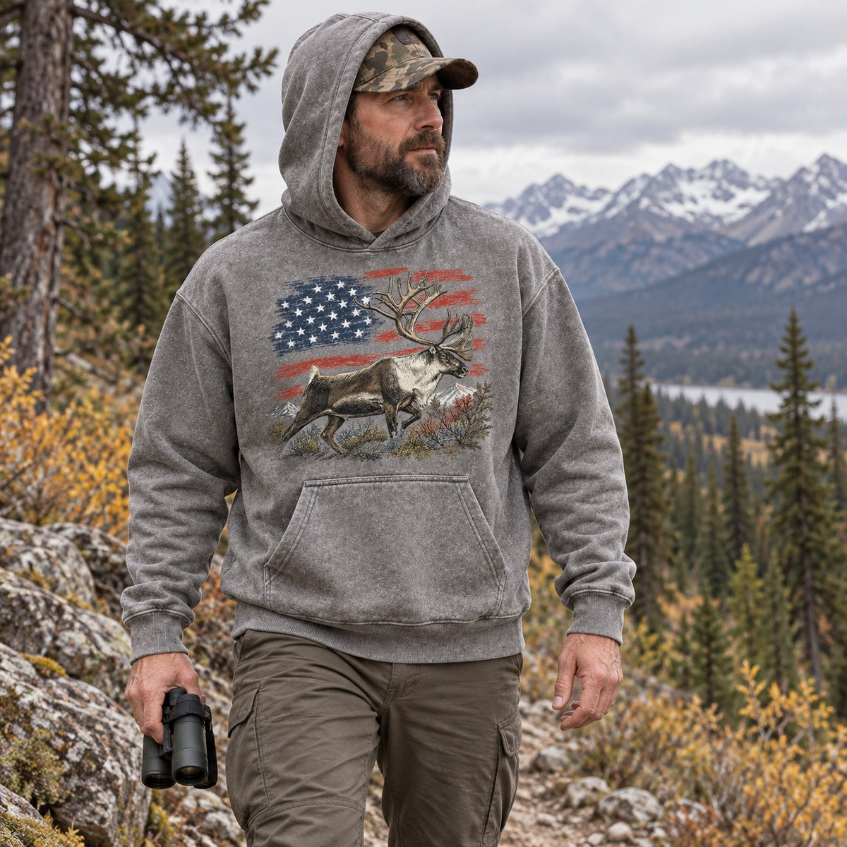 Washed American Flag Caribou Big Game Hunting Hoodie for Men