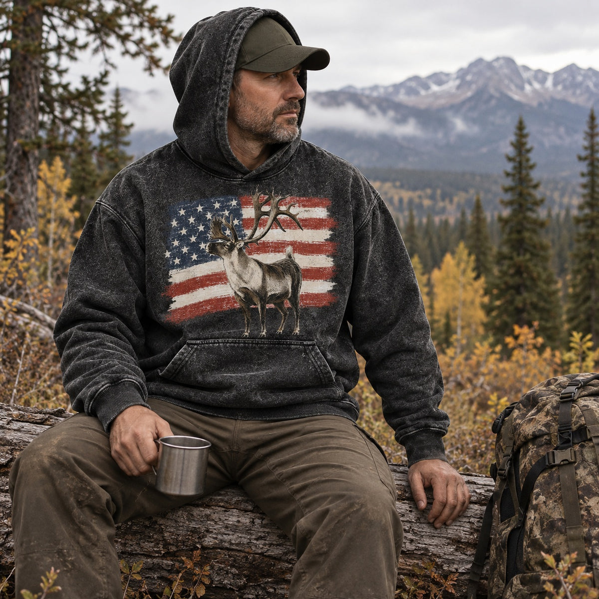 Washed American Flag Fallow Deer Hunting Hoodie for Men