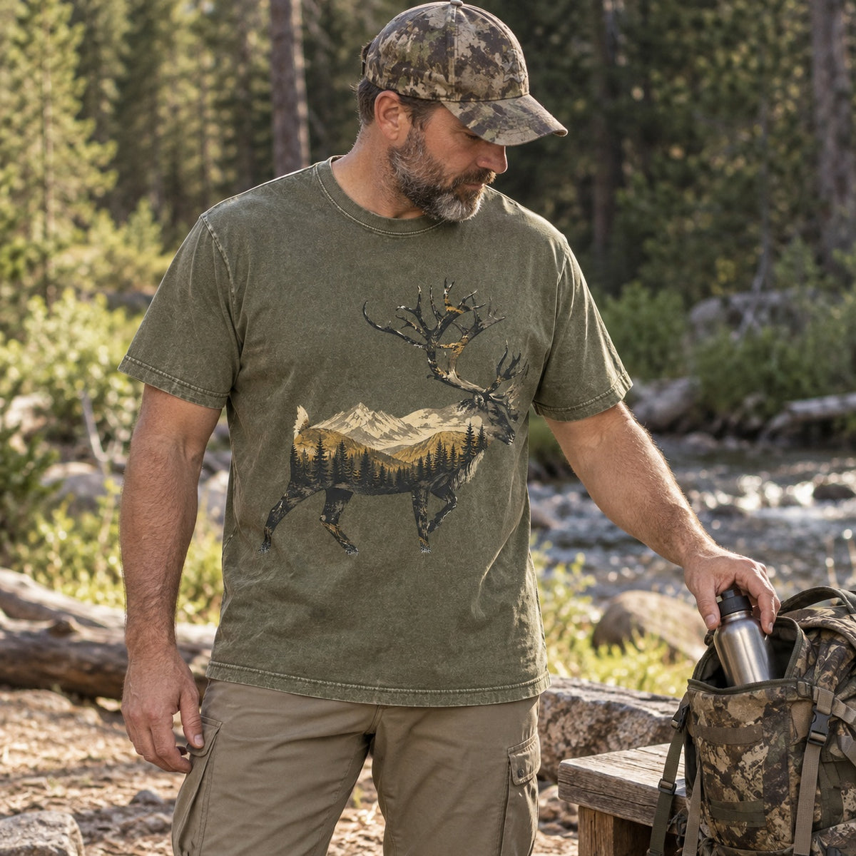 100% Cotton Washed T-shirt with Rocky Mountain Elk Hunting