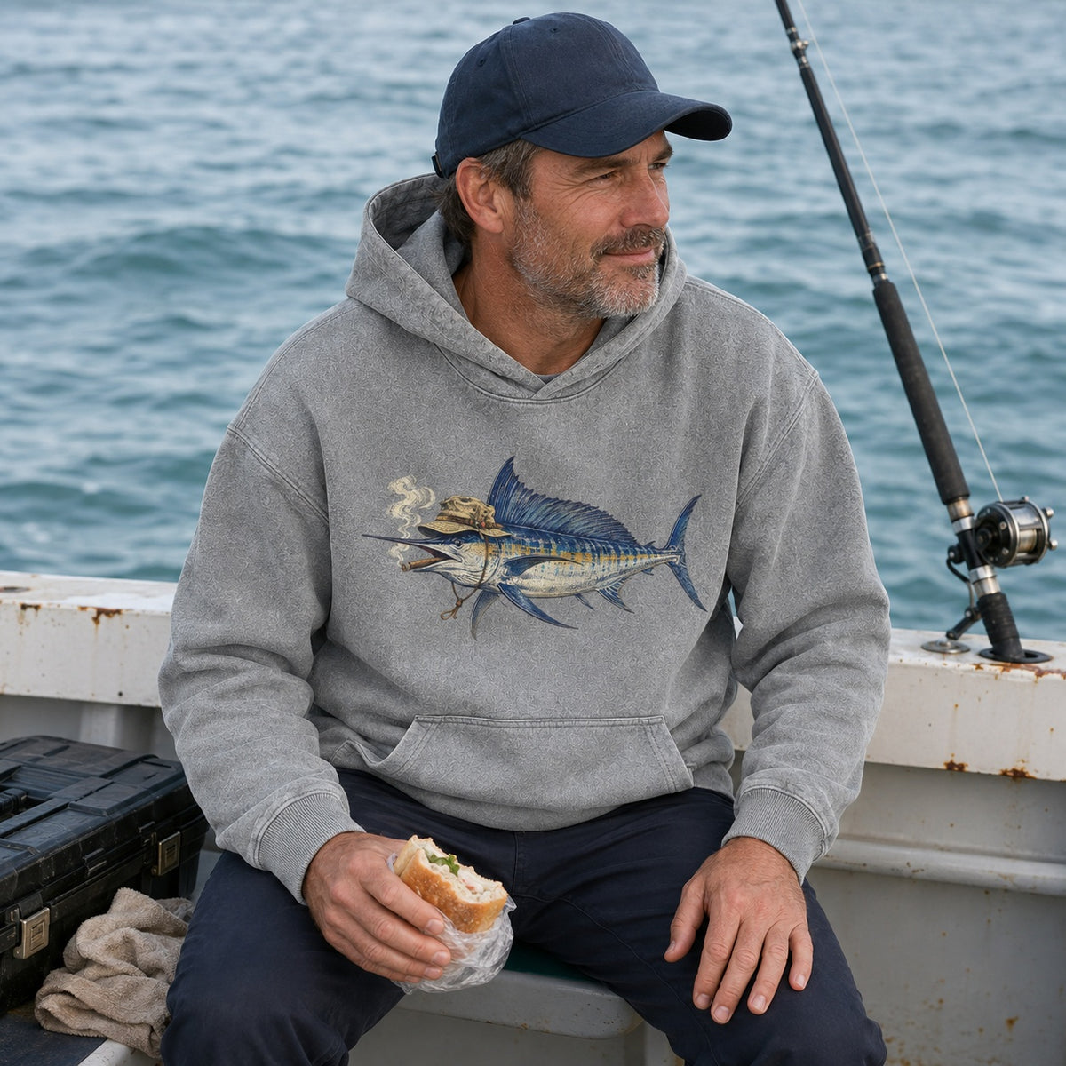 Washed Cigar-Smoking Sailfish Saltwater Fishing Hoodie for Men