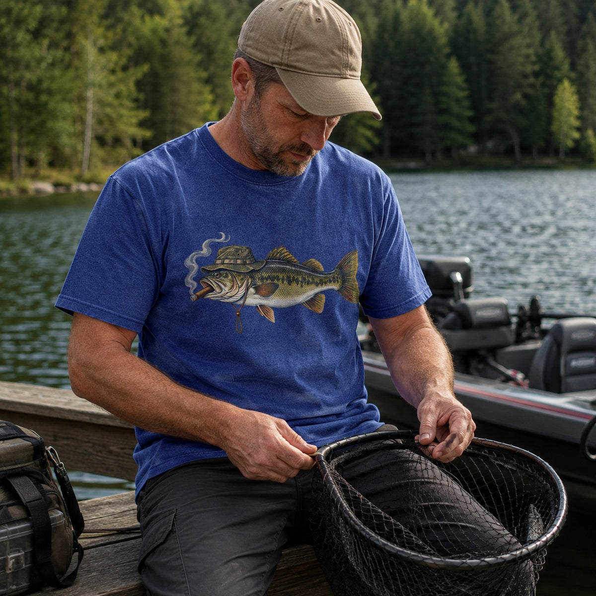 100% Cotton Washed T-Shirt with Cigar-Smoking Largemouth Bass Fishing Graphic