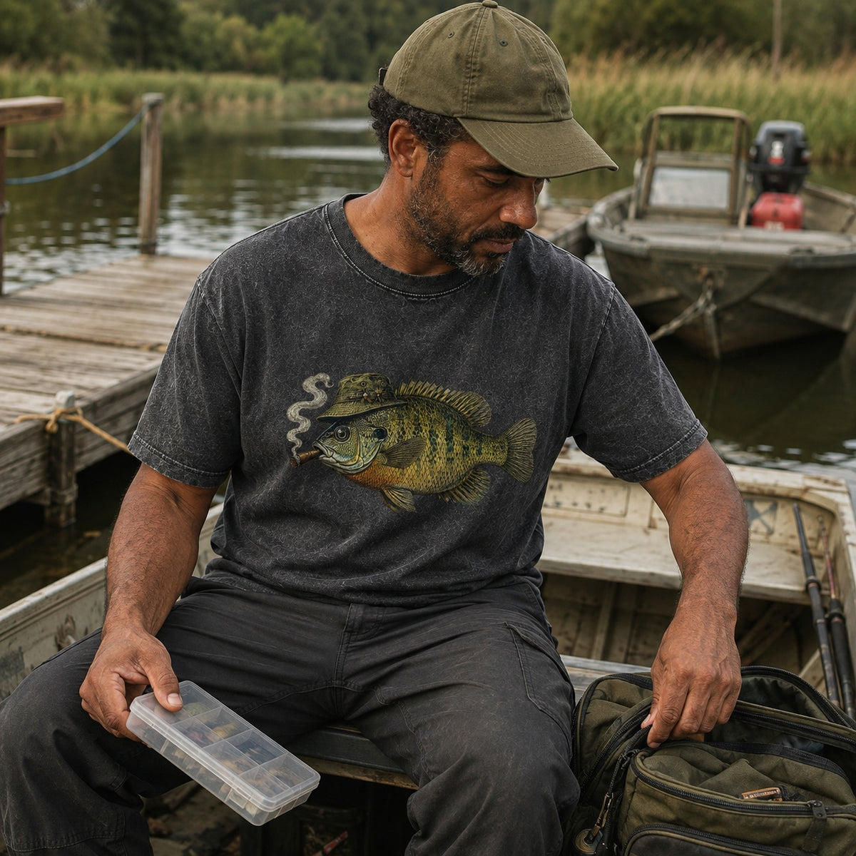 100% Cotton Washed T-Shirt with Cigar-Smoking Bluegill Fishing Graphic
