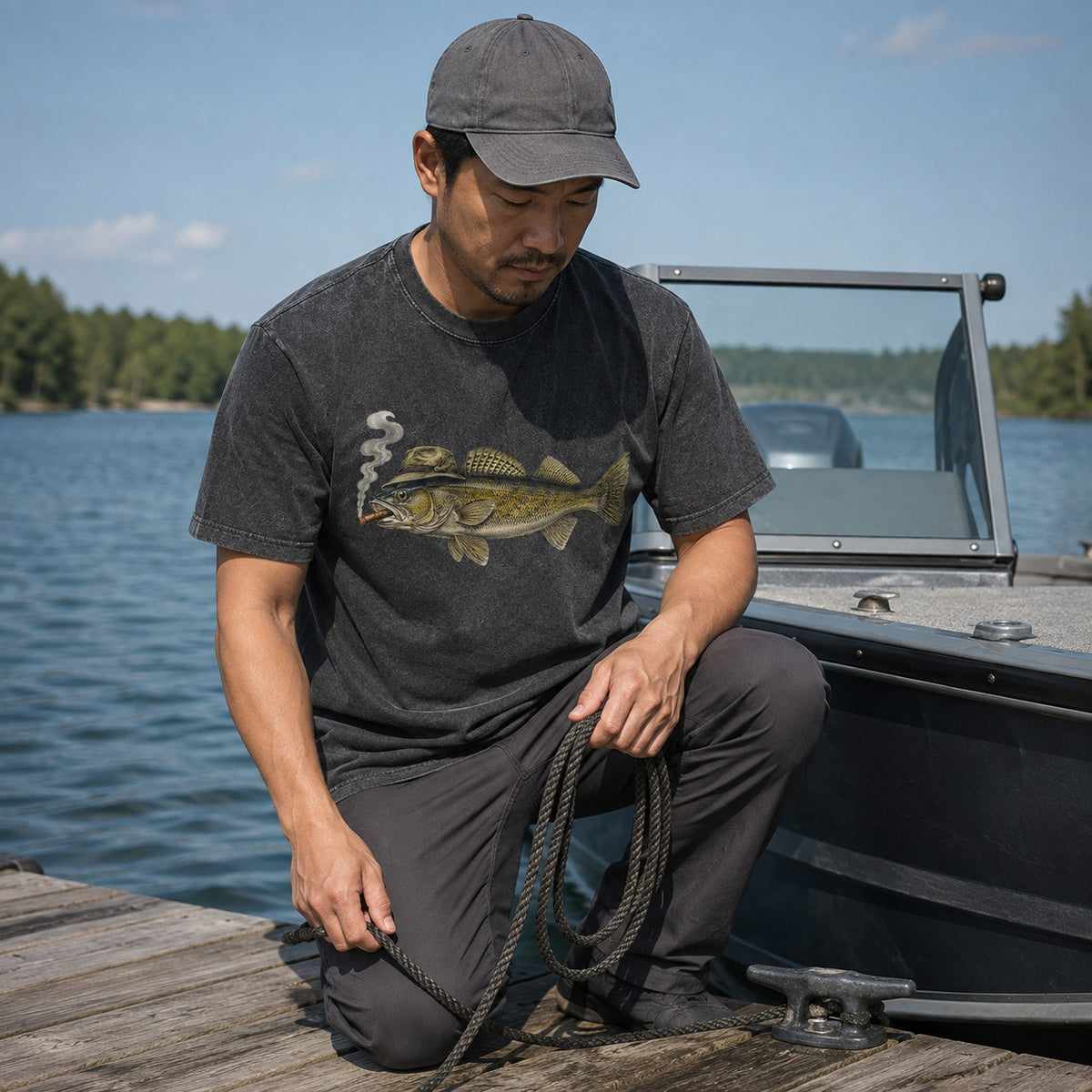 100% Cotton Washed T-Shirt with Cigar-Smoking Walleye Fishing Graphic