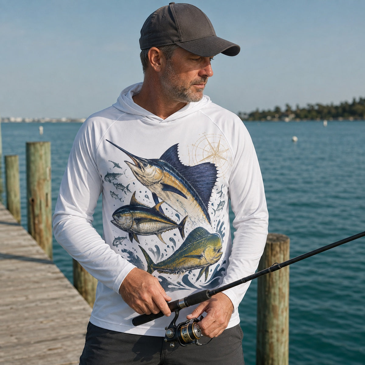 UPF 50+ Marlin Tuna Mahi Offshore Fishing Sun Protection Hoodie for Men