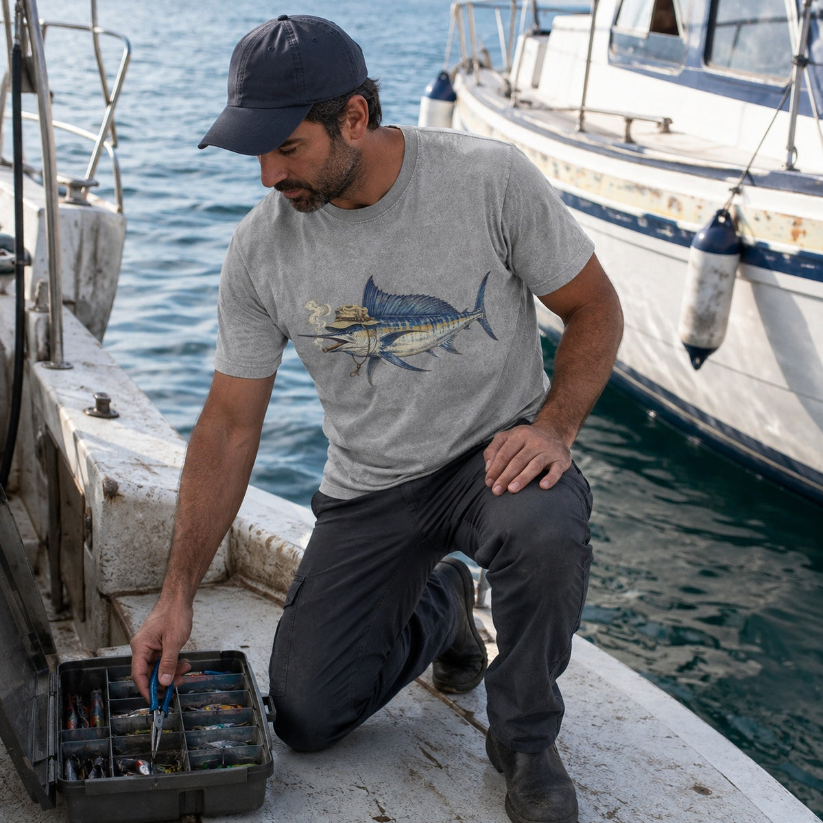 100% Cotton Washed T-Shirt with Cigar-Smoking Sailfish Fishing Graphic