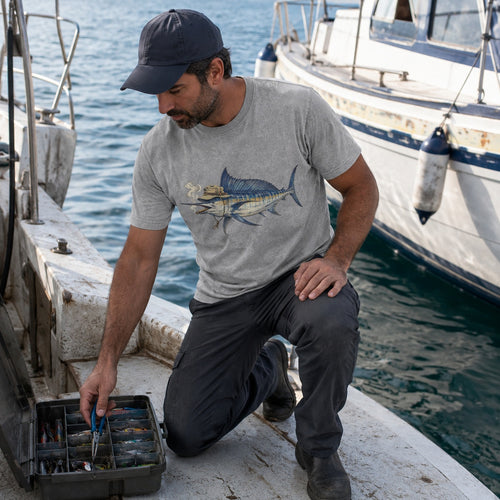 100% Cotton Washed T-Shirt with Cigar-Smoking Sailfish Fishing Graphic