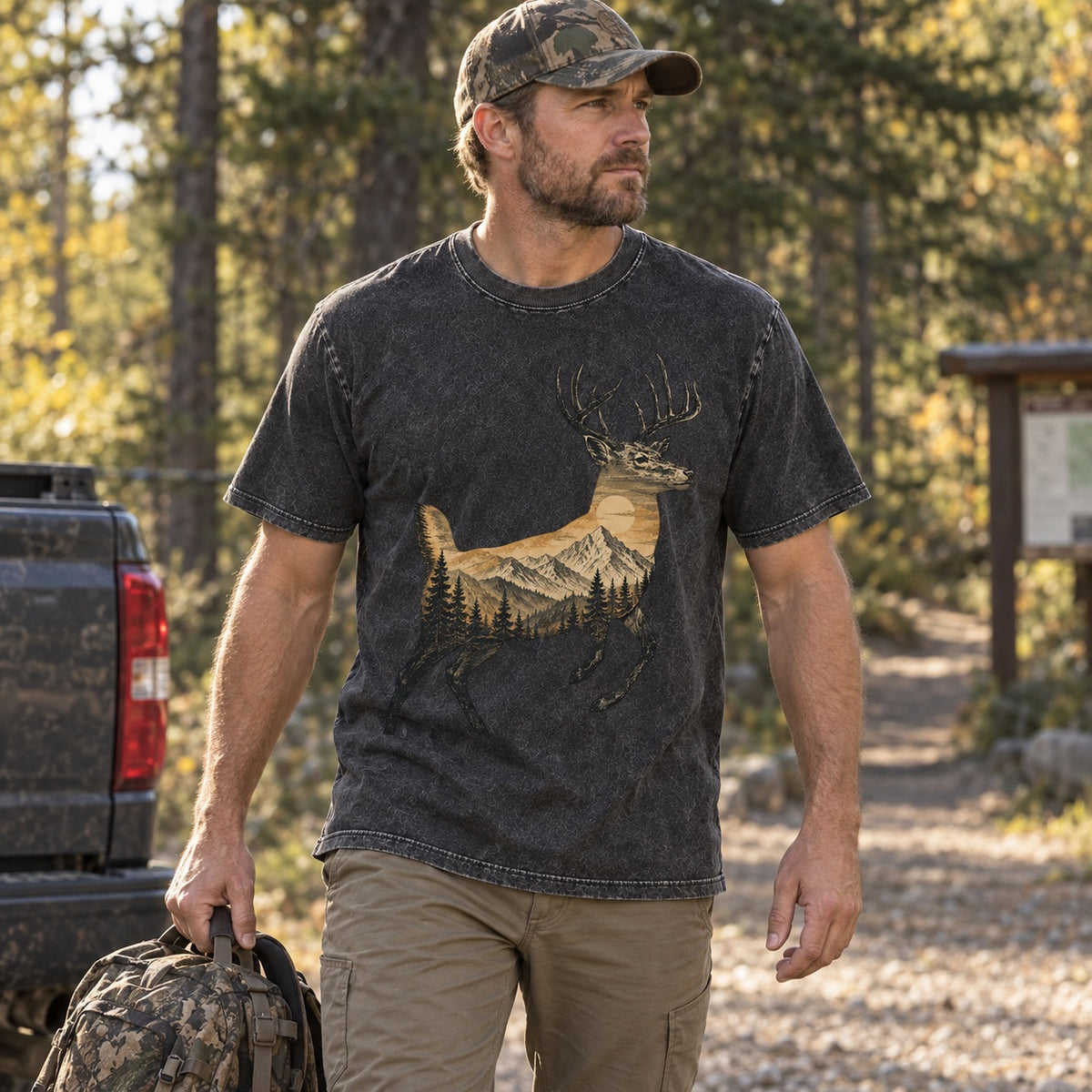 100% Cotton Washed T-shirt with Whitetail Deer Mountain Hunting