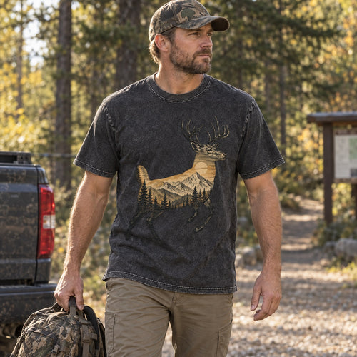100% Cotton Washed T-shirt with Whitetail Deer Mountain Hunting