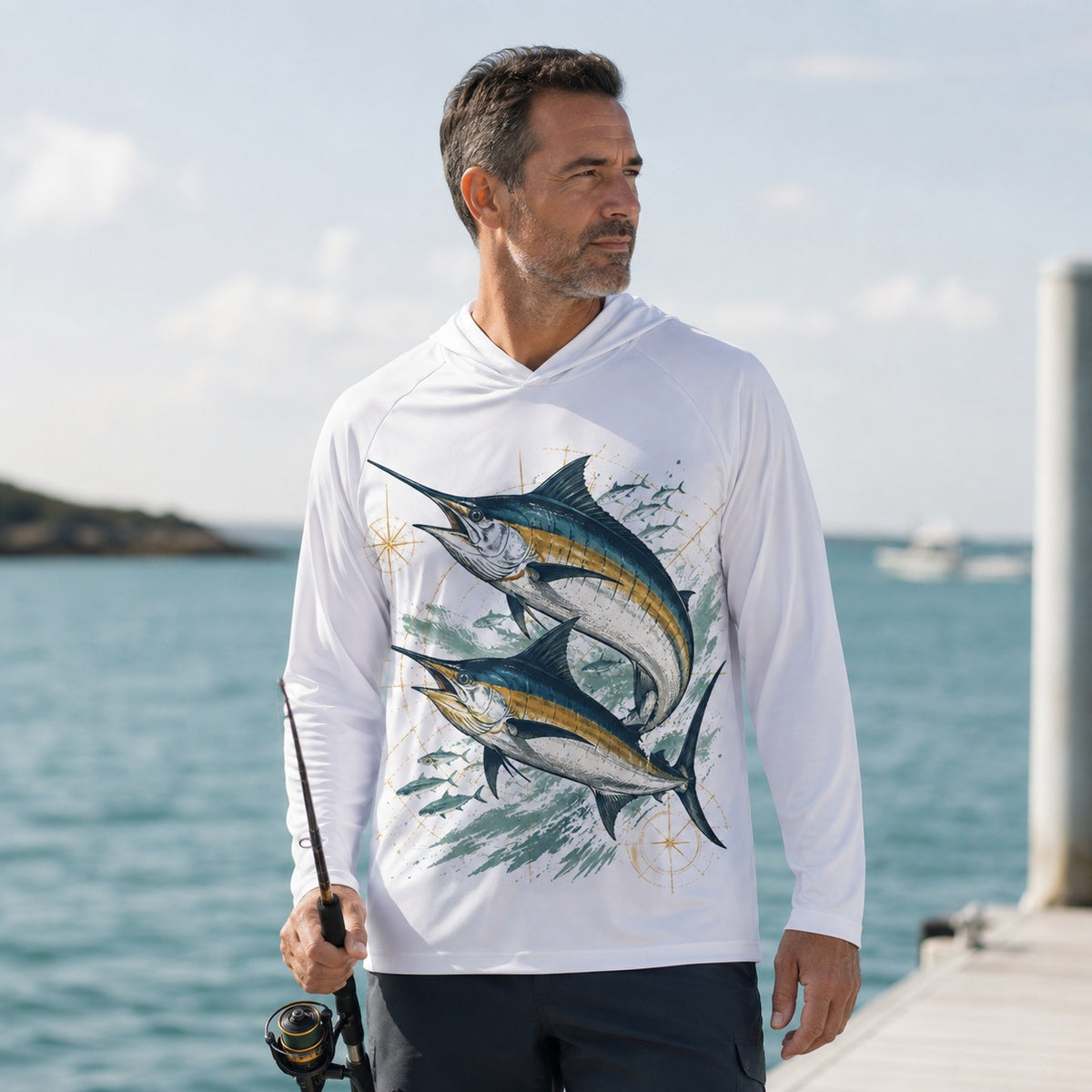 UPF 50+ Blue Marlin Offshore Fishing Sun Protection Hoodie for Men