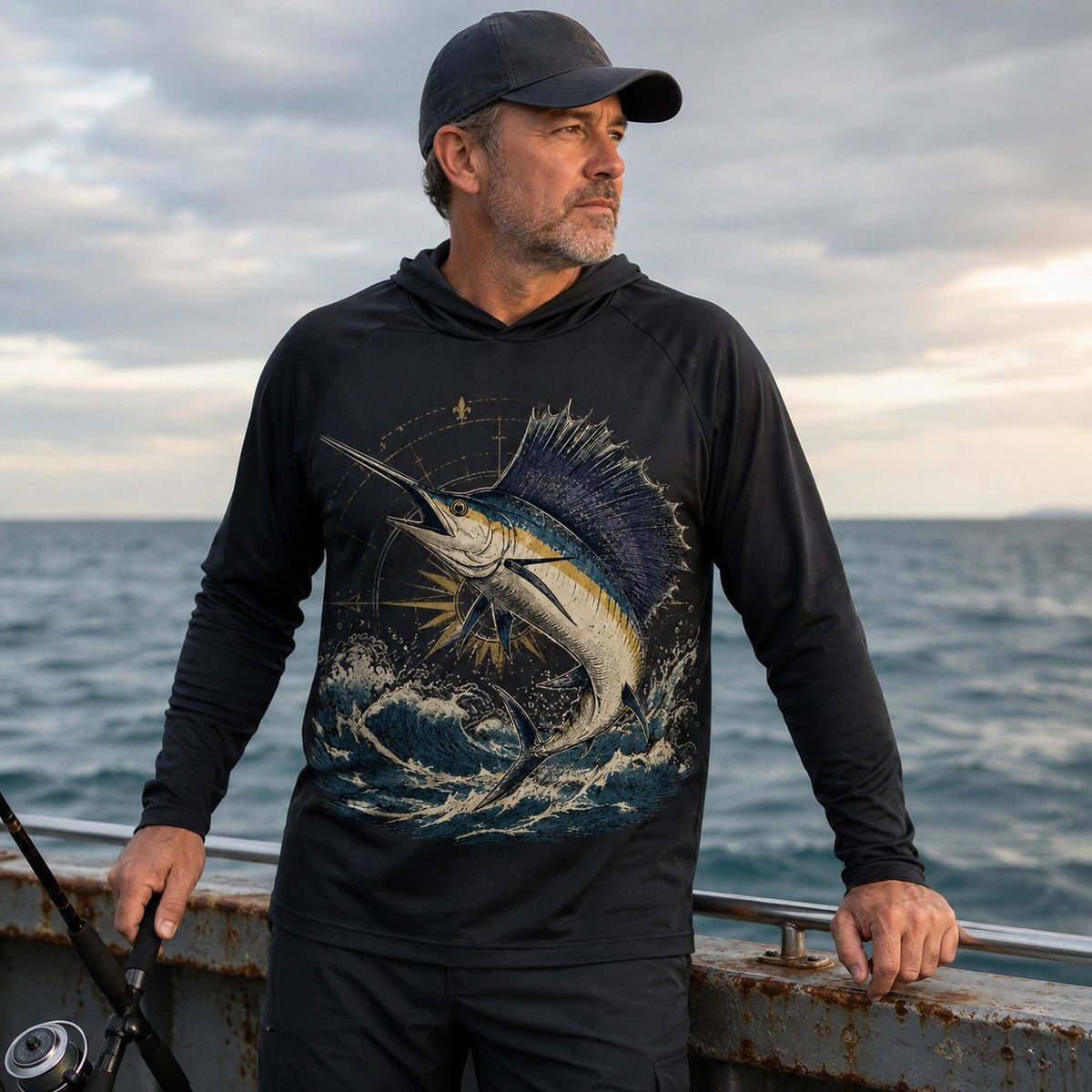 UPF 50+ Sailfish Deep Sea Fishing Sun Protection Hoodie for Men