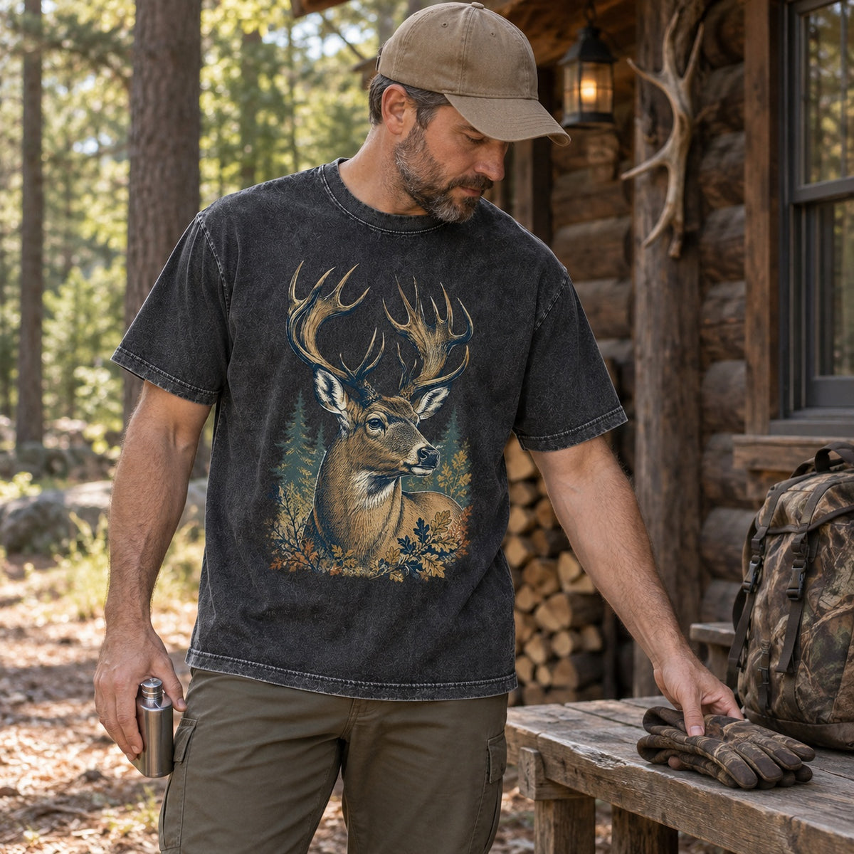 100% Cotton Washed T-shirt with Whitetail Buck Big Game Hunting