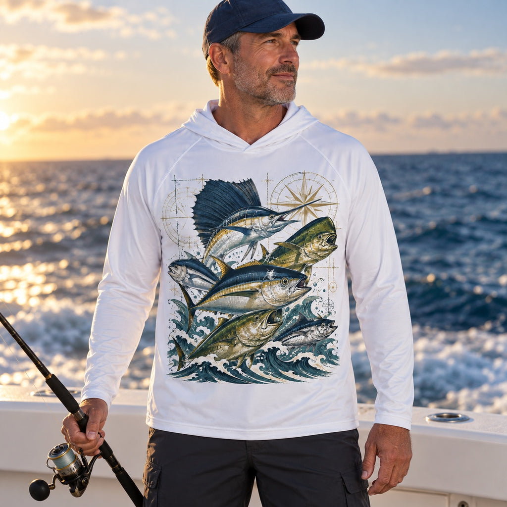 UPF 50+ Salzwasser-Raubfisch-Hochseeangel-Sonnenschutz-Hoodie für Herren