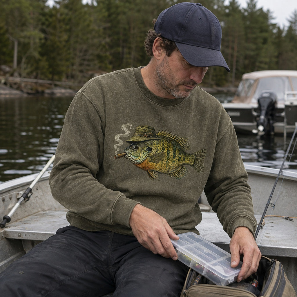 Washed Cigar-Smoking Bluegill Fishing Graphic Crewneck Sweatshirt for Men