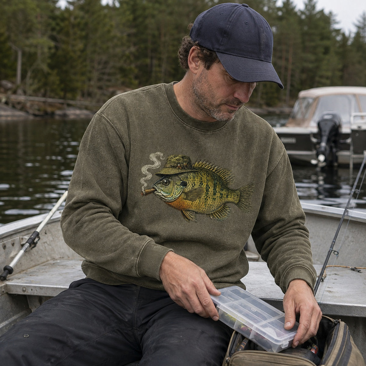 Washed Cigar-Smoking Bluegill Fishing Graphic Crewneck Sweatshirt for Men