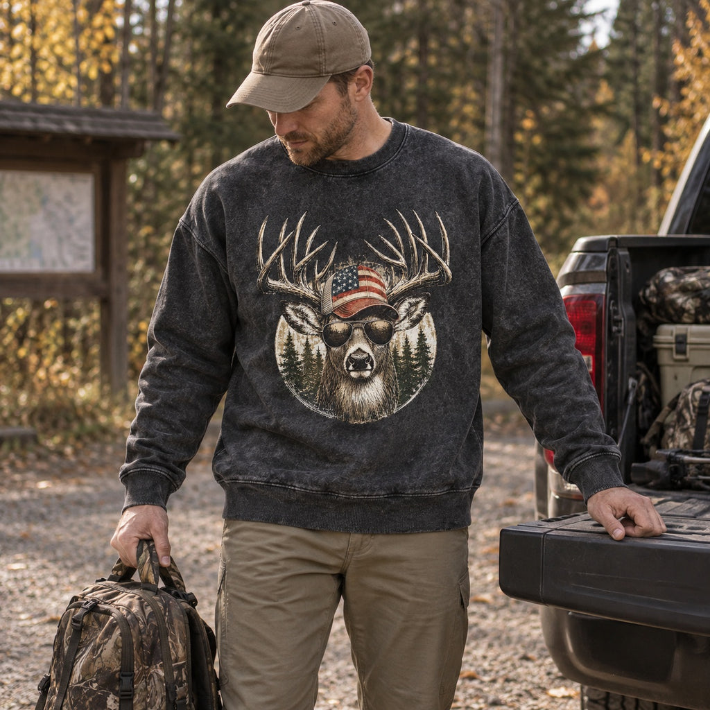 Washed Patriotic Whitetail Buck Hunting Crewneck Sweatshirt for Men