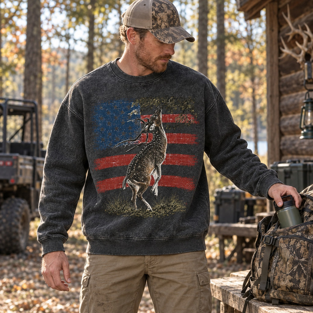Washed American Flag Pronghorn Hunting Crewneck Sweatshirt for Men