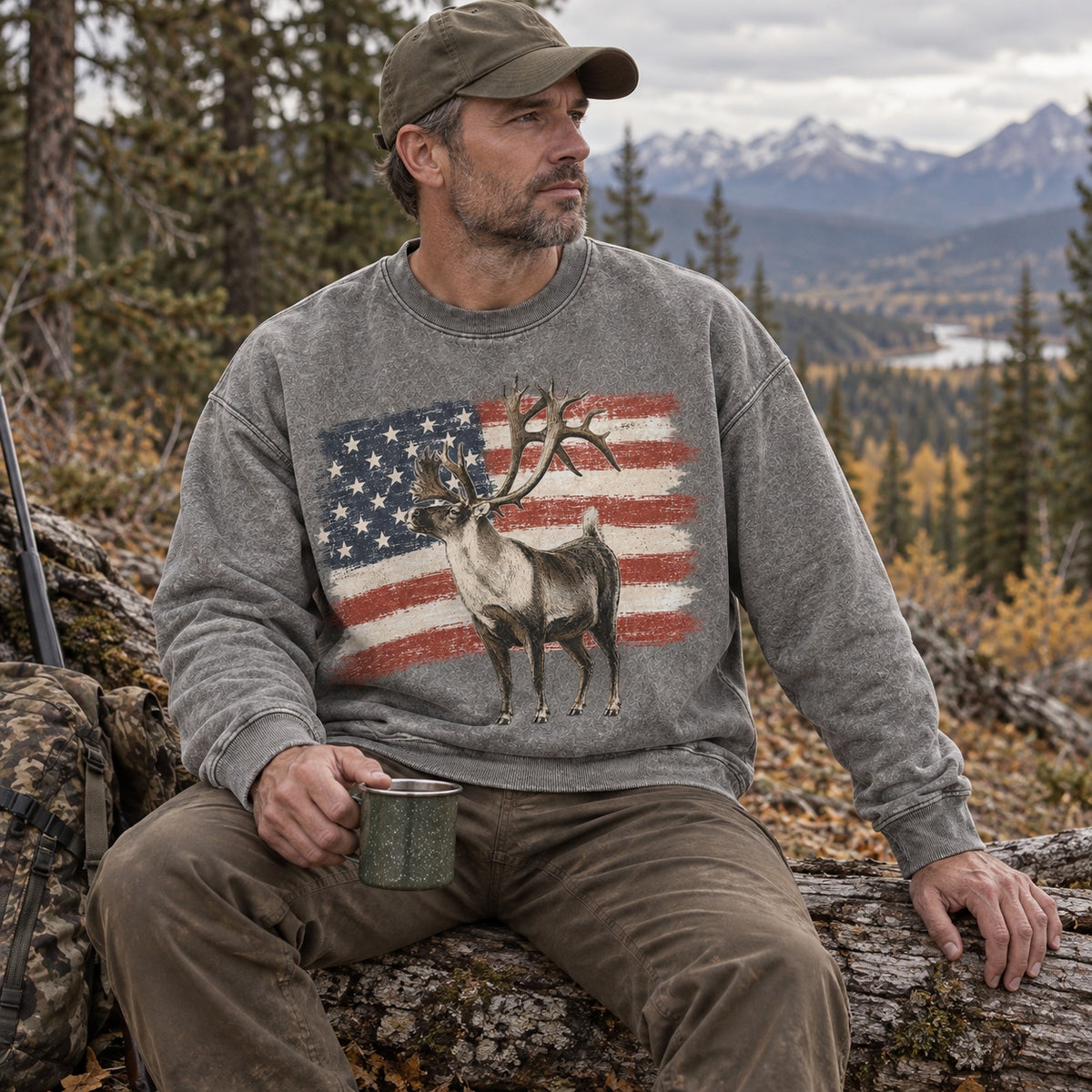 Washed American Flag Fallow Deer Hunting Crewneck Sweatshirt