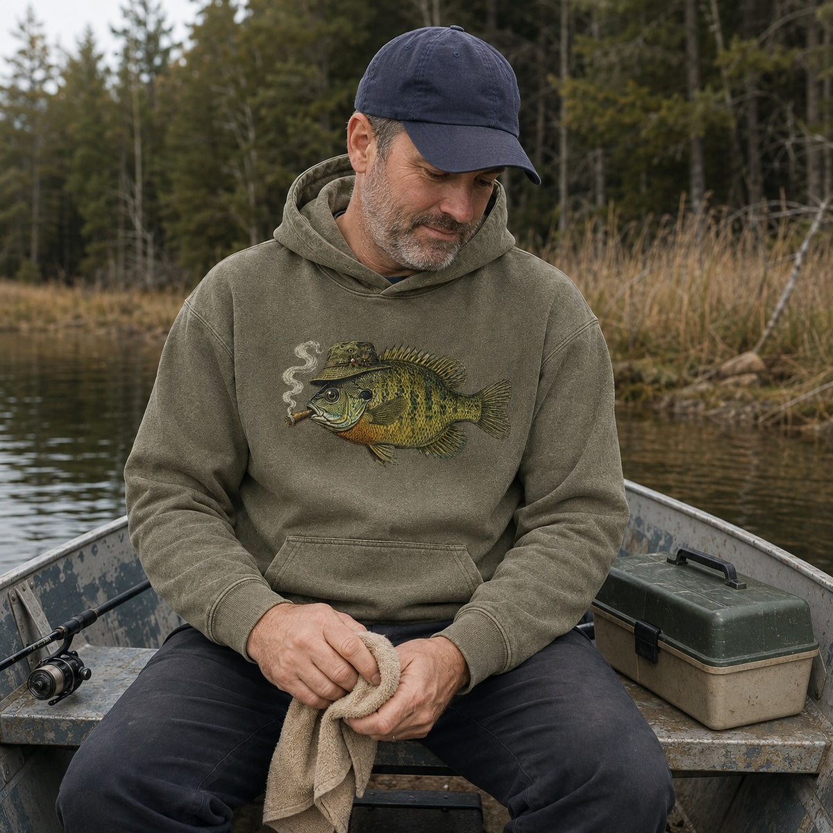 Washed Cigar-Smoking Bluegill Lake Fishing Hoodie for Men