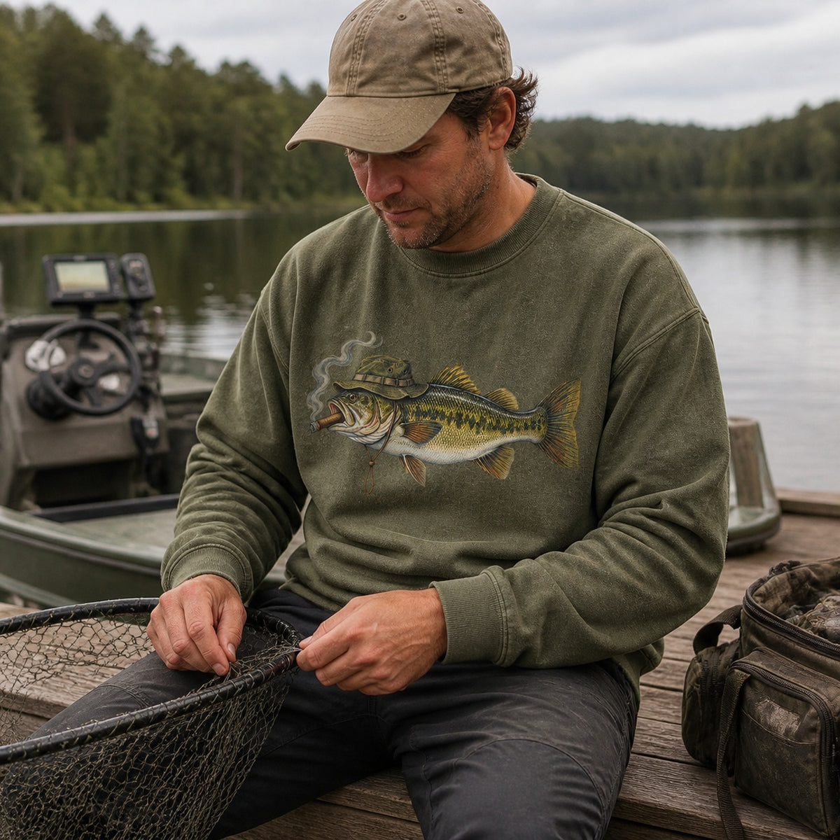 Washed Cigar-Smoking Largemouth Bass Fishing Graphic Crewneck Sweatshirt for Men
