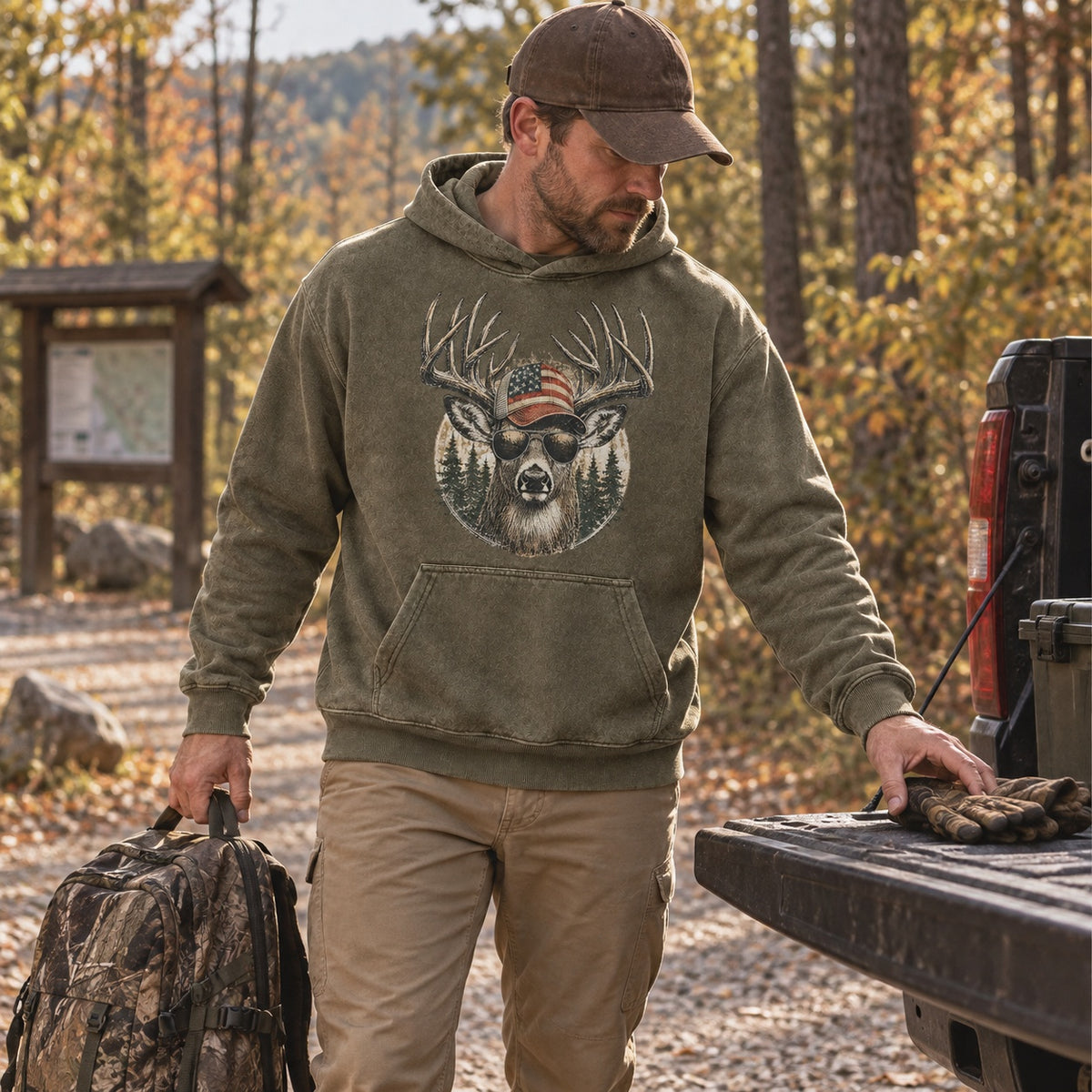 Washed Patriotic Whitetail Buck Hunting Hoodie for Men