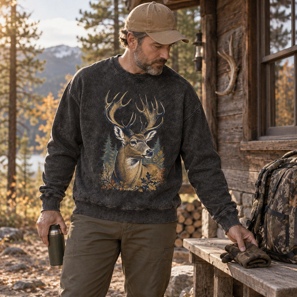 Washed Trophy Whitetail Buck Hunting Crewneck Sweatshirt for Men