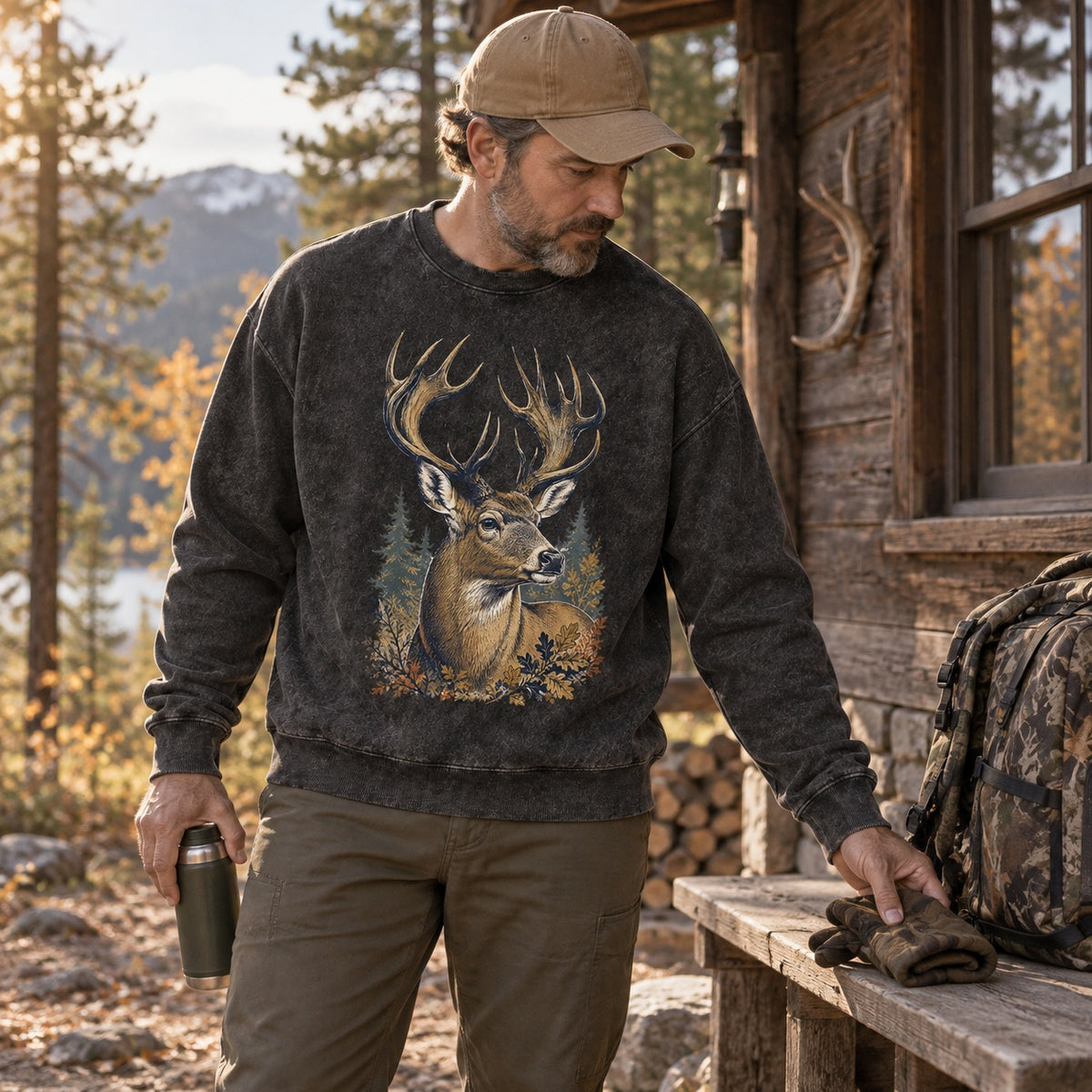 Washed Trophy Whitetail Buck Hunting Crewneck Sweatshirt for Men