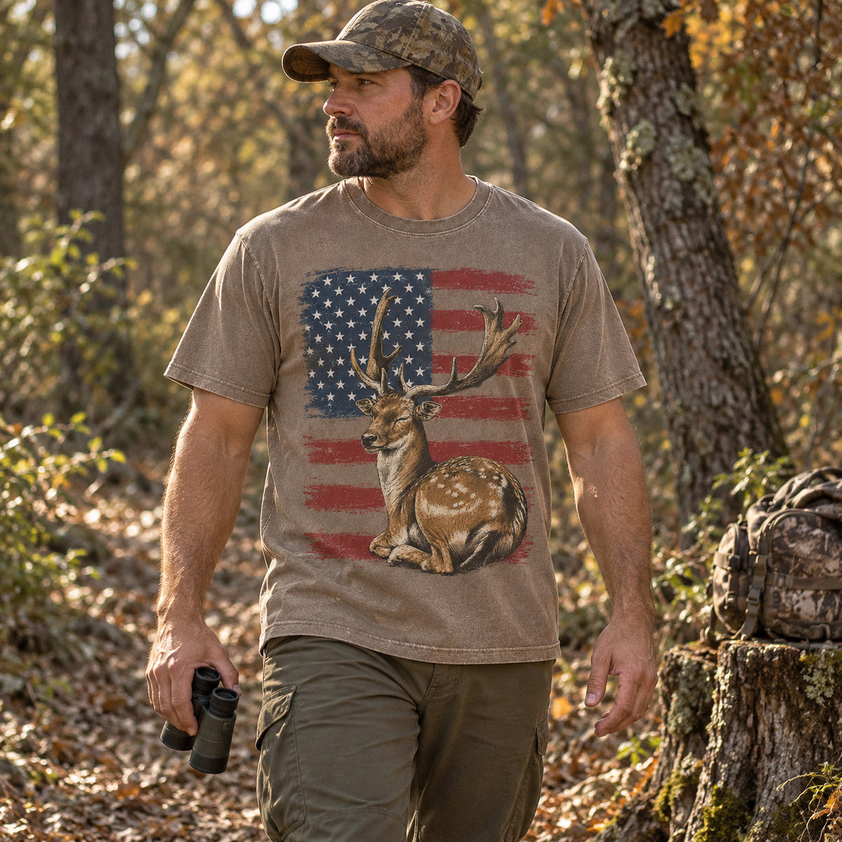 100% Cotton Washed T-shirt with American Flag Fallow Deer Hunting